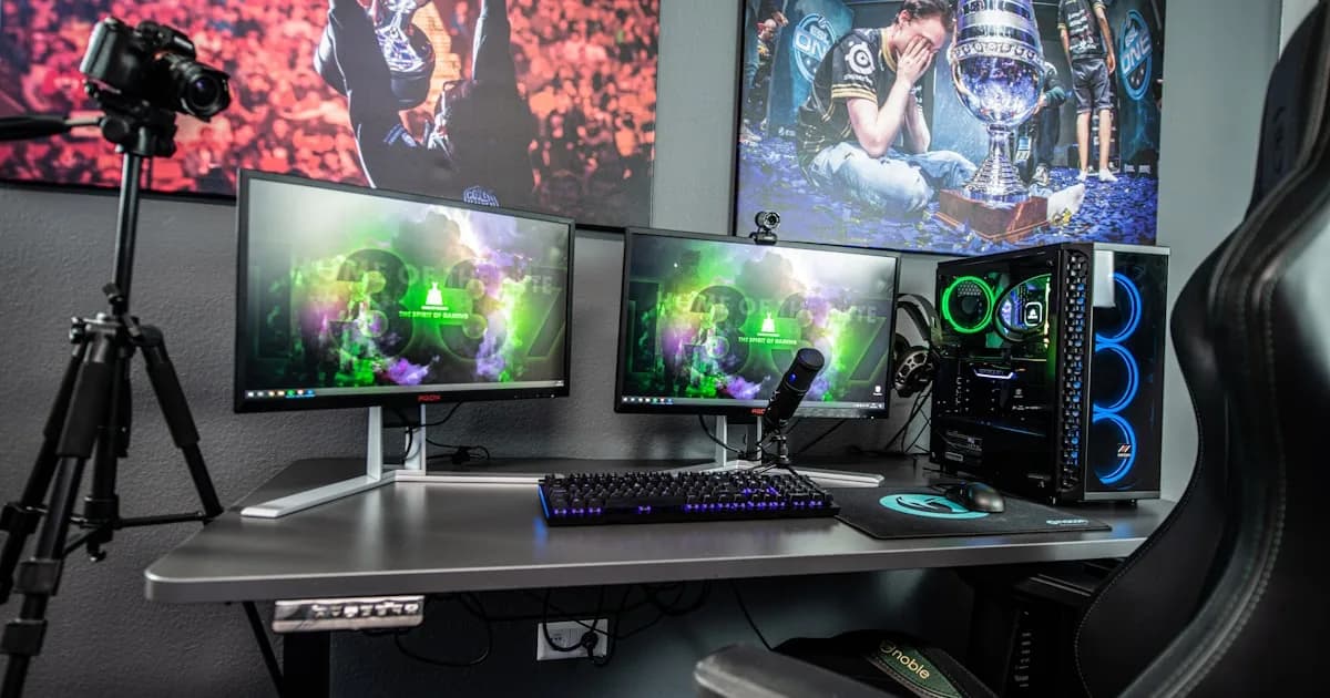 Gaming streaming setup with multiple monitors and colorful lighting