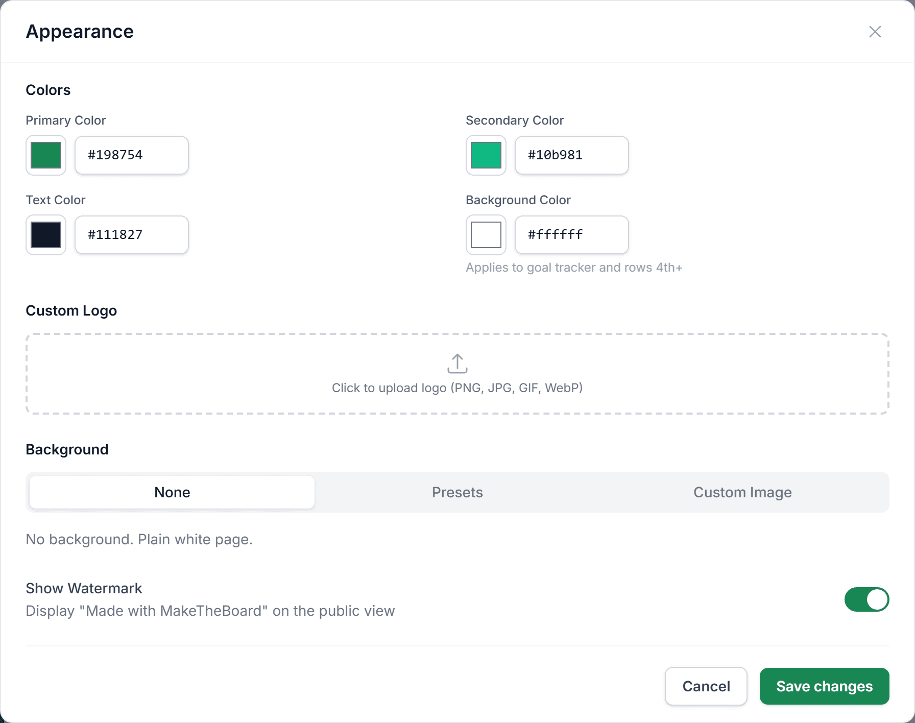 Appearance modal showing color customization options