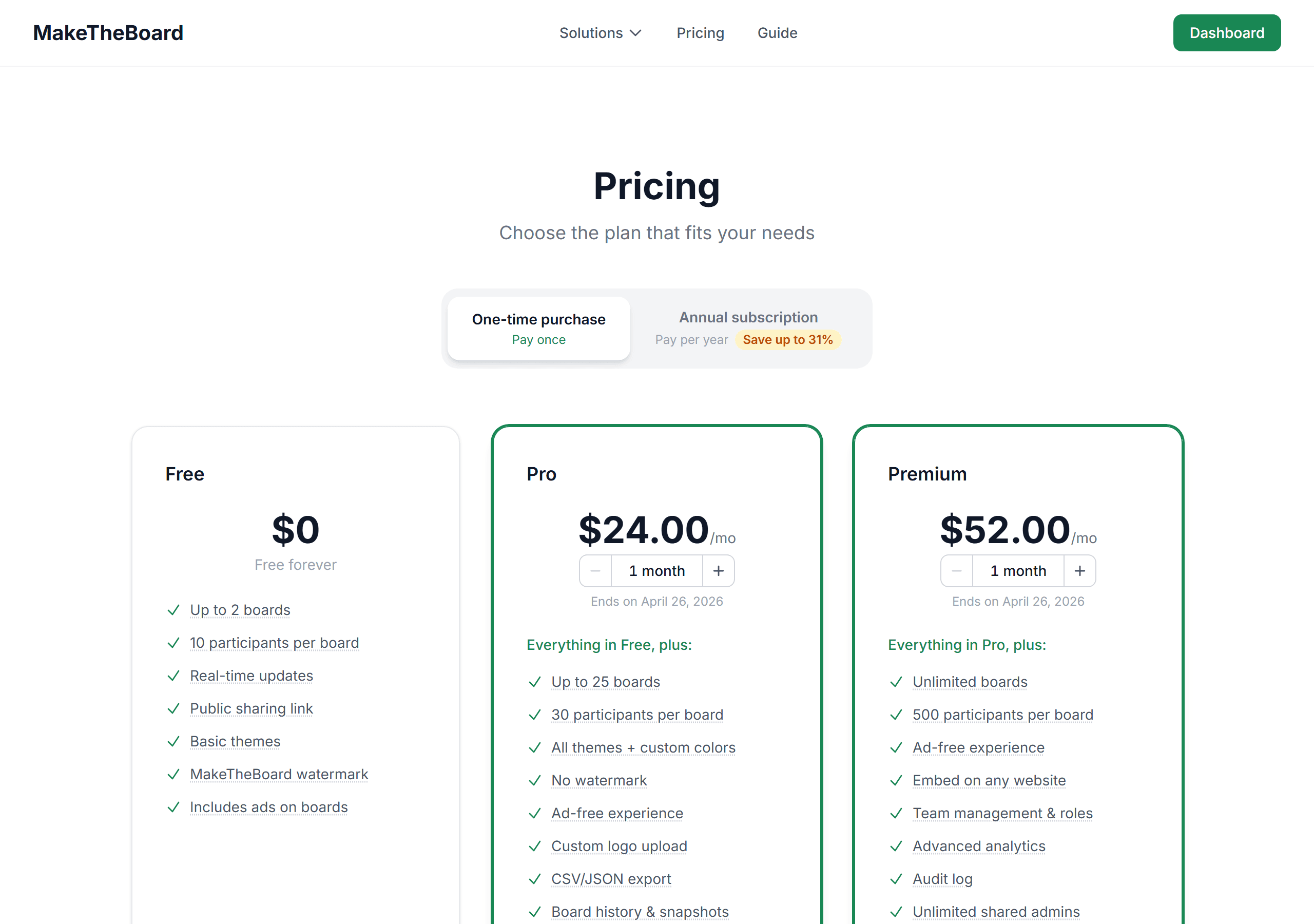 MakeTheBoard pricing plans overview showing Free, Pro, and Premium tiers