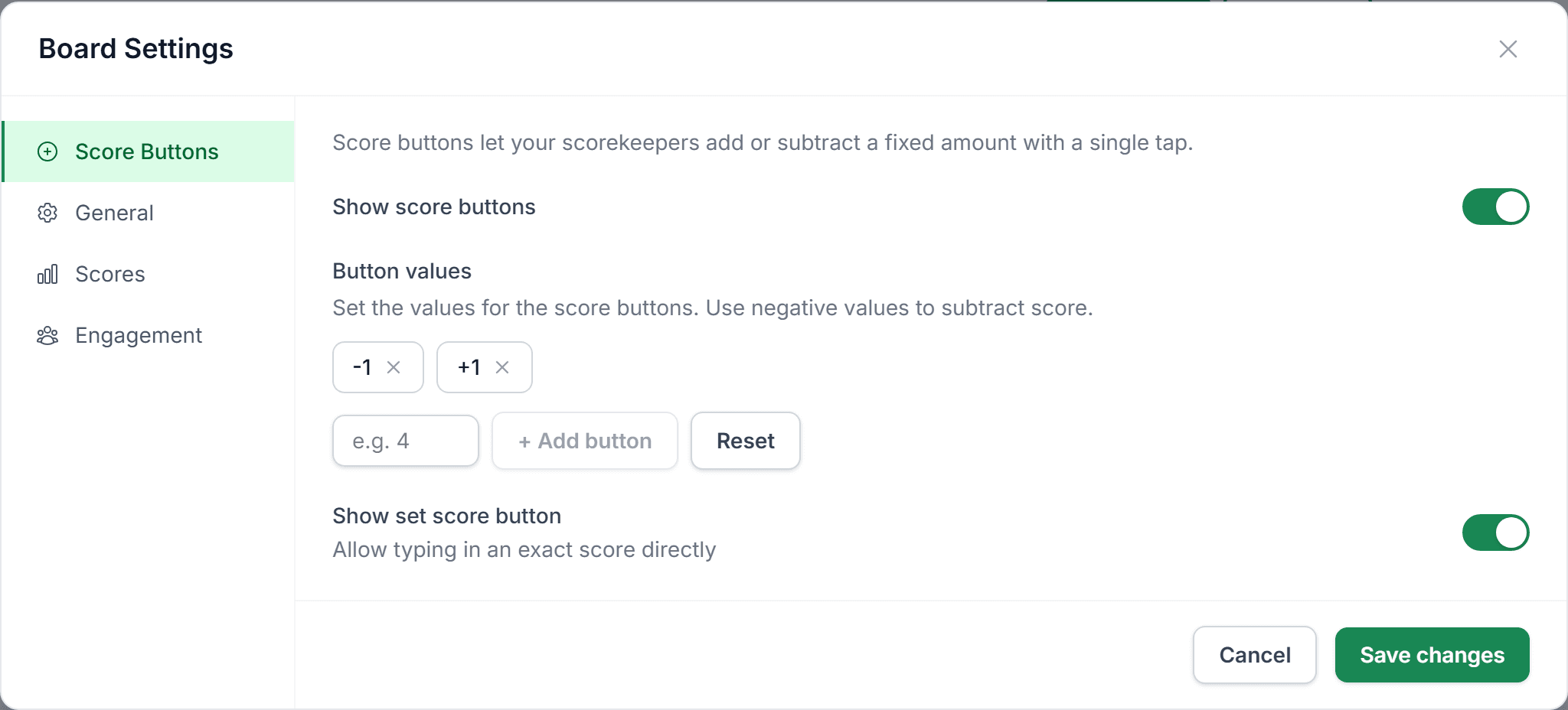 Score Buttons settings tab showing button value configuration