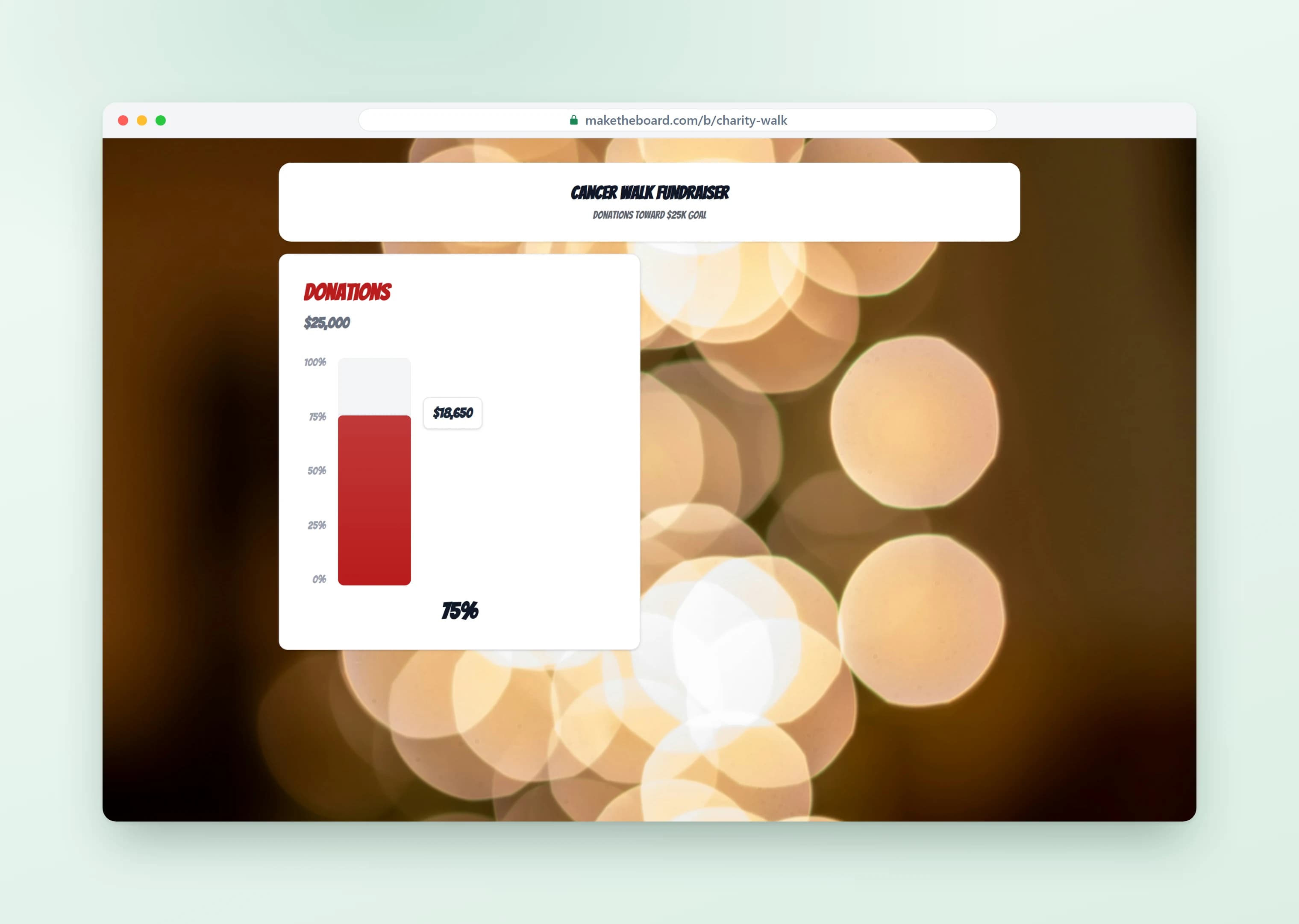 A fundraising leaderboard with totals synced from a Google Sheet