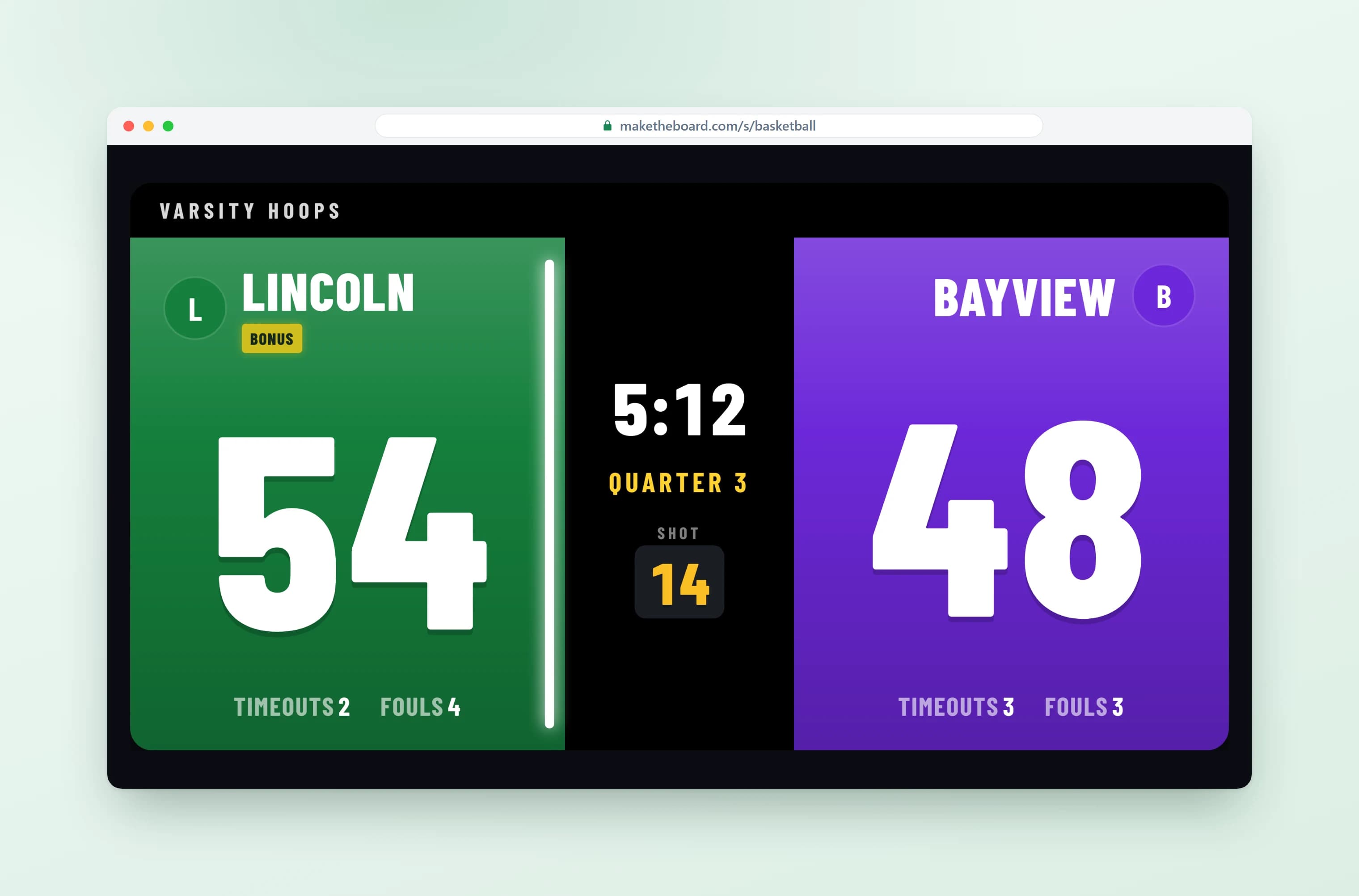 Live head-to-head scoreboard with team scores, fouls, timeouts, and game clock