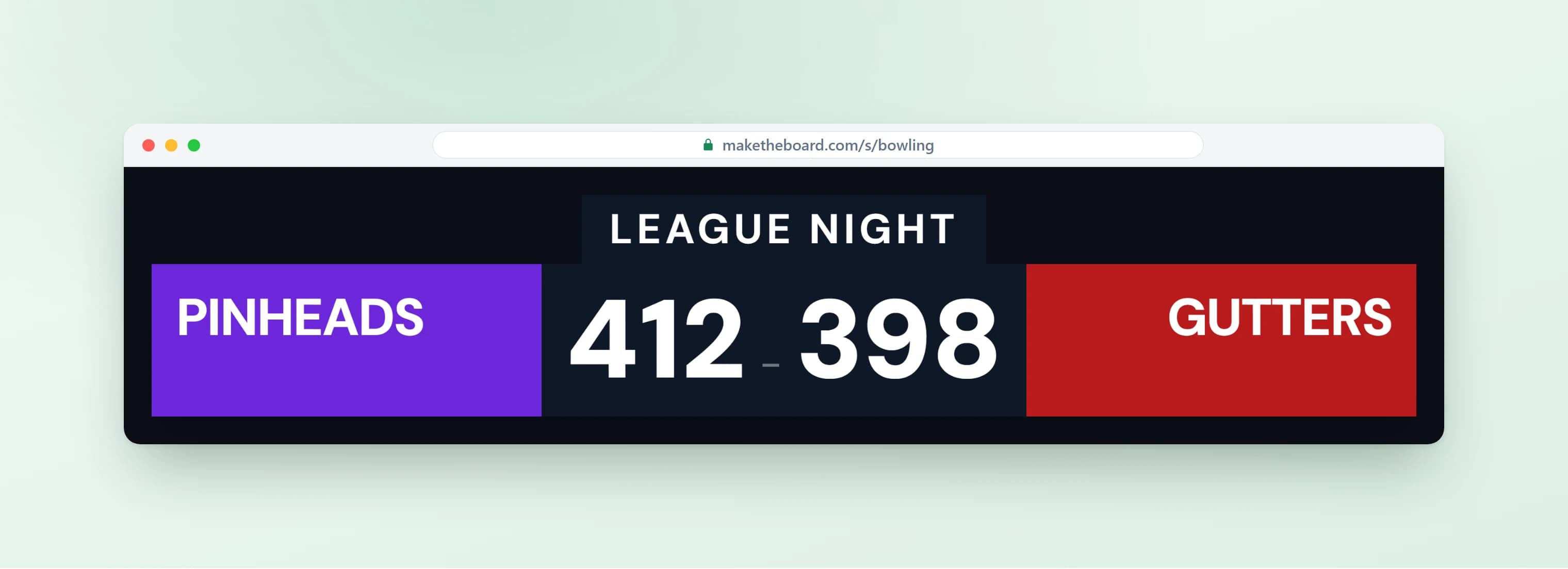 Bowling scoreboard with two teams' running totals