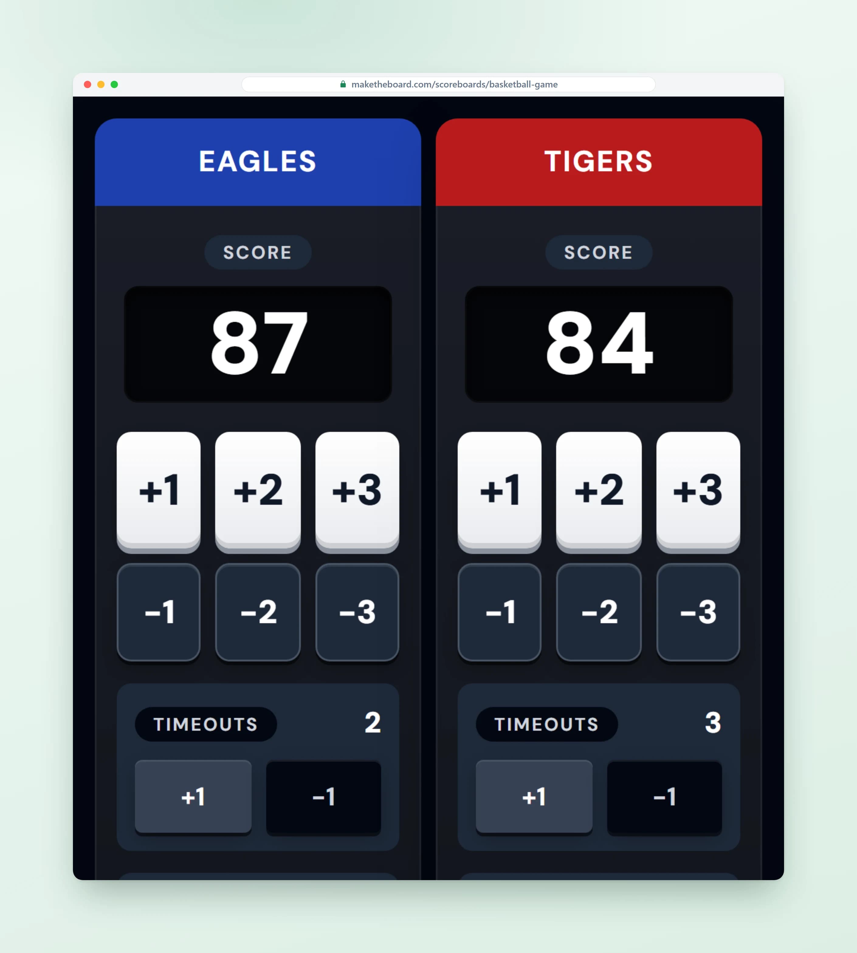 Scoring console on a phone, with big buttons to add points for each team