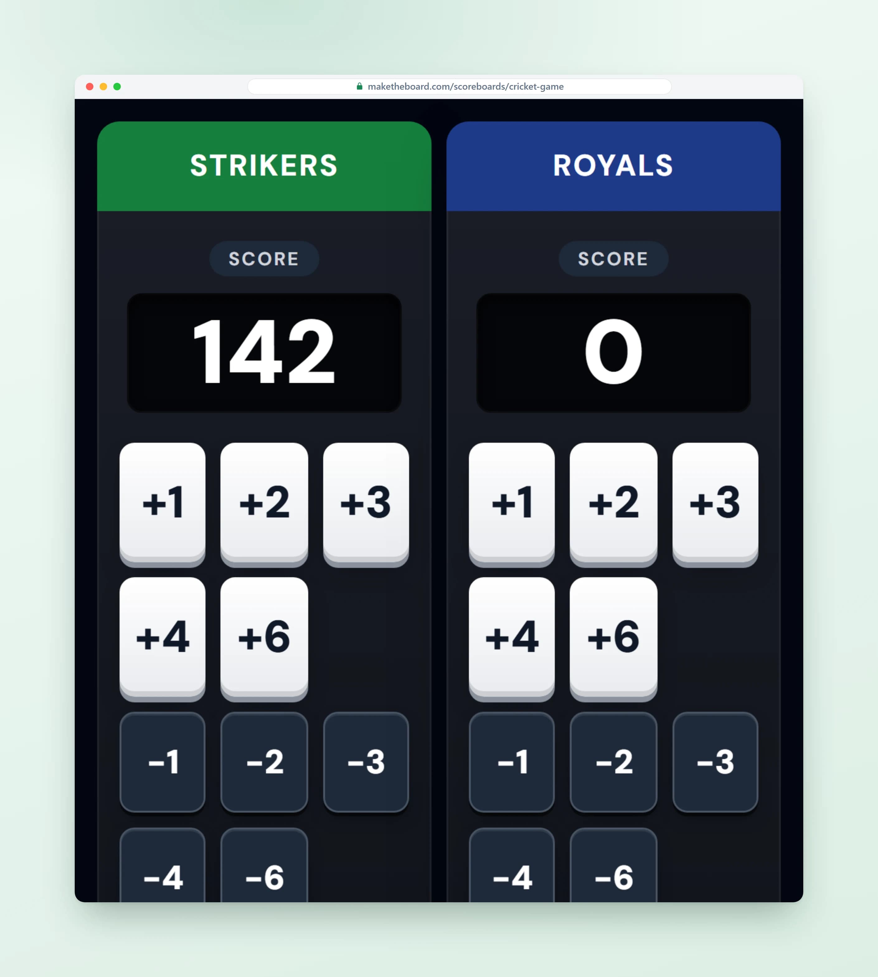Scoring console on a phone, with big buttons to add points for each team