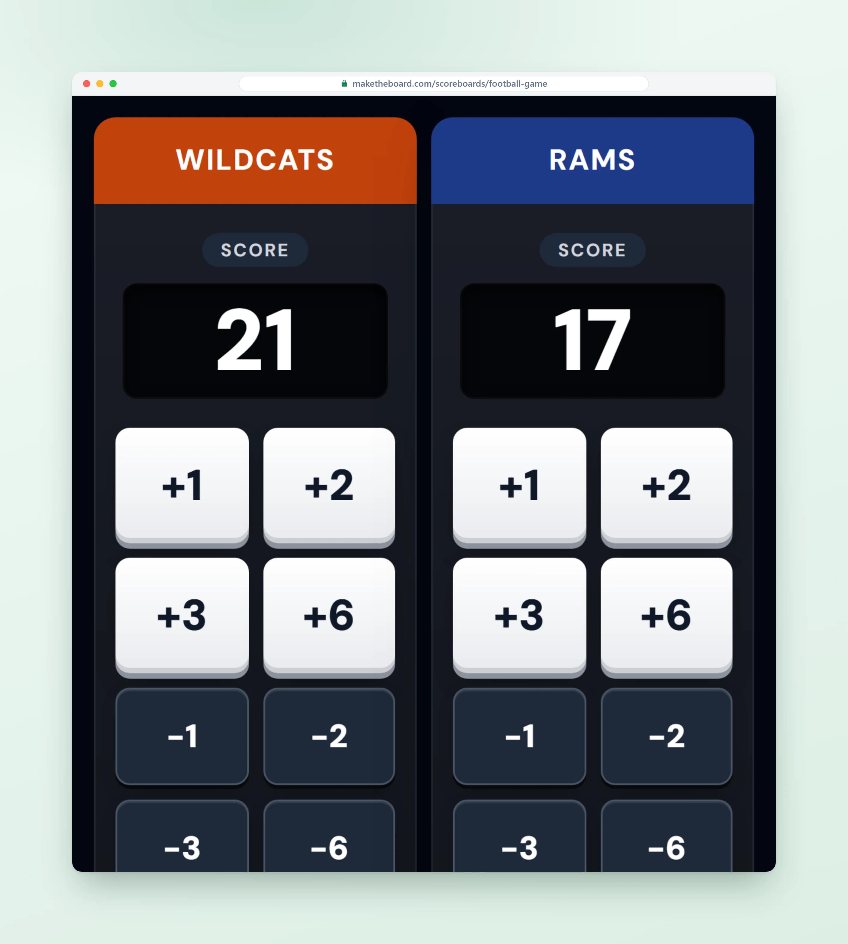 Scoring console on a phone, with big buttons to add points for each team