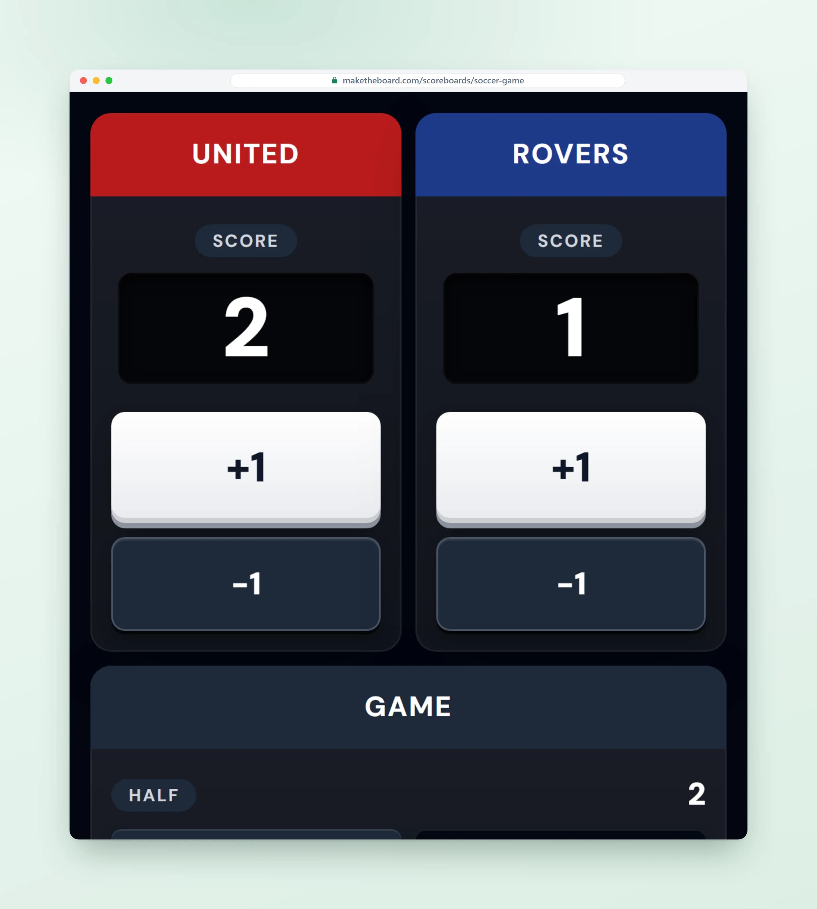 Scoring console on a phone, with big buttons to add points for each team