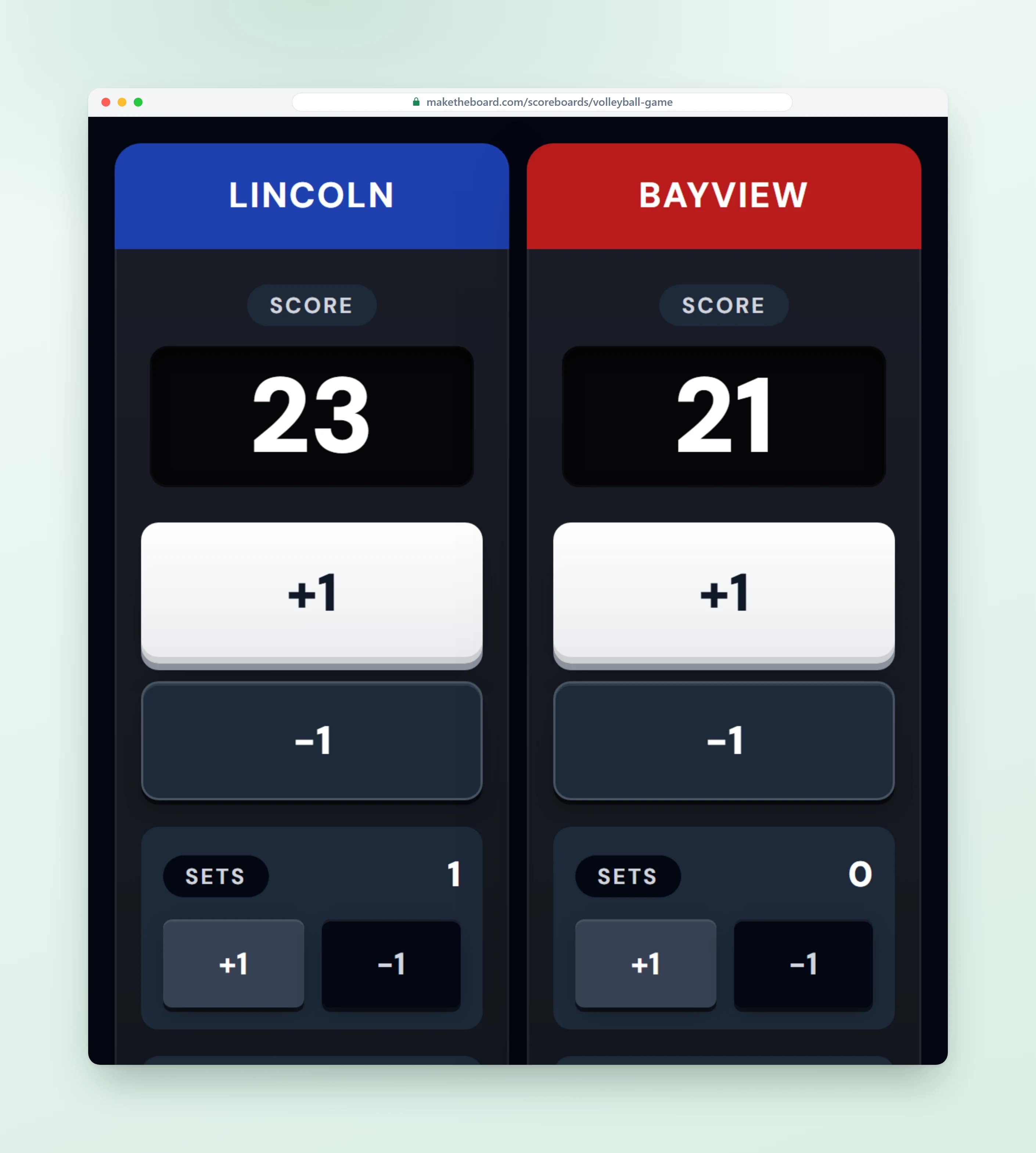 Scoring console on a phone, with big buttons to add points for each team