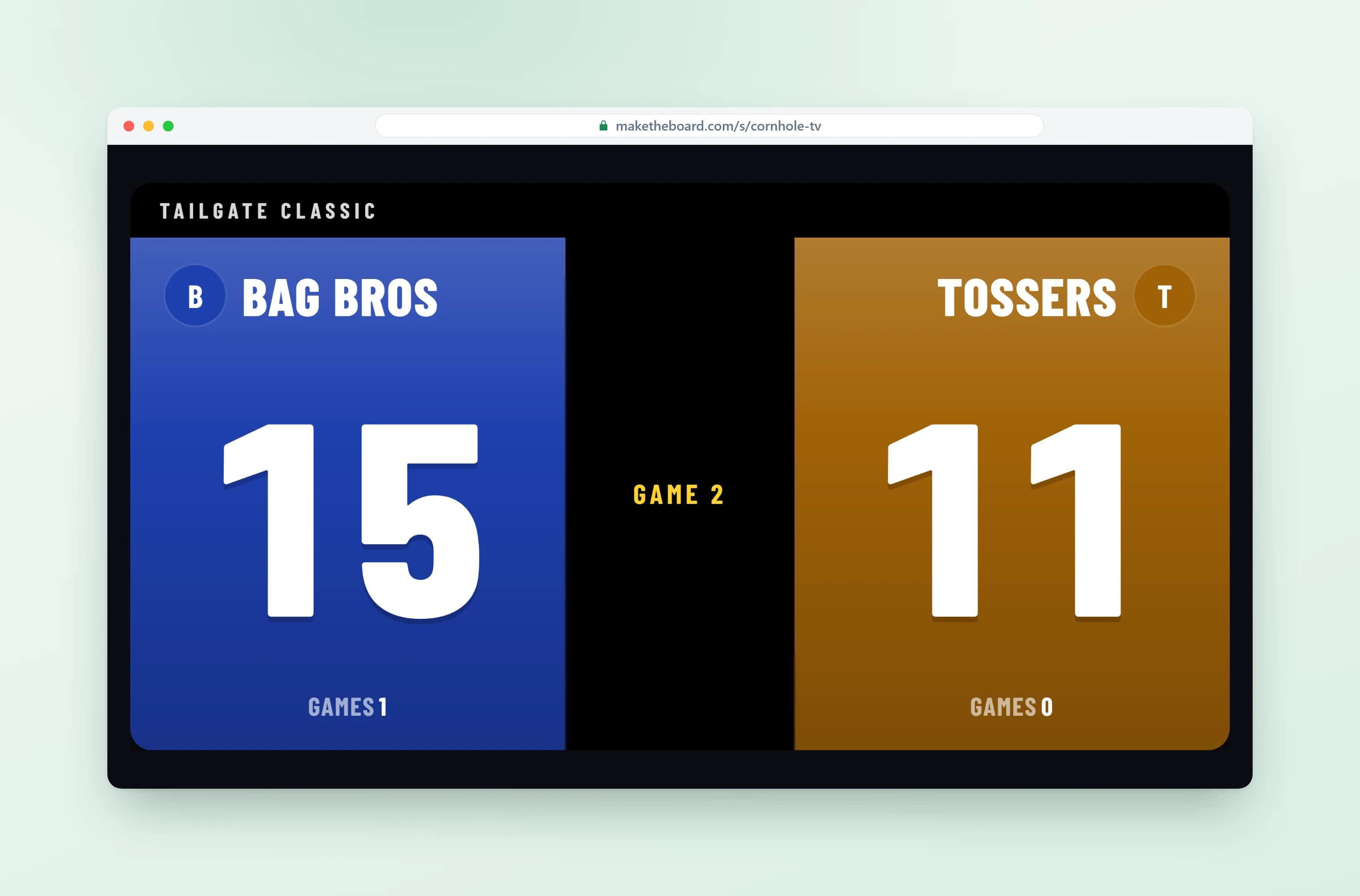Cornhole scoreboard full screen on a TV, in a second display design