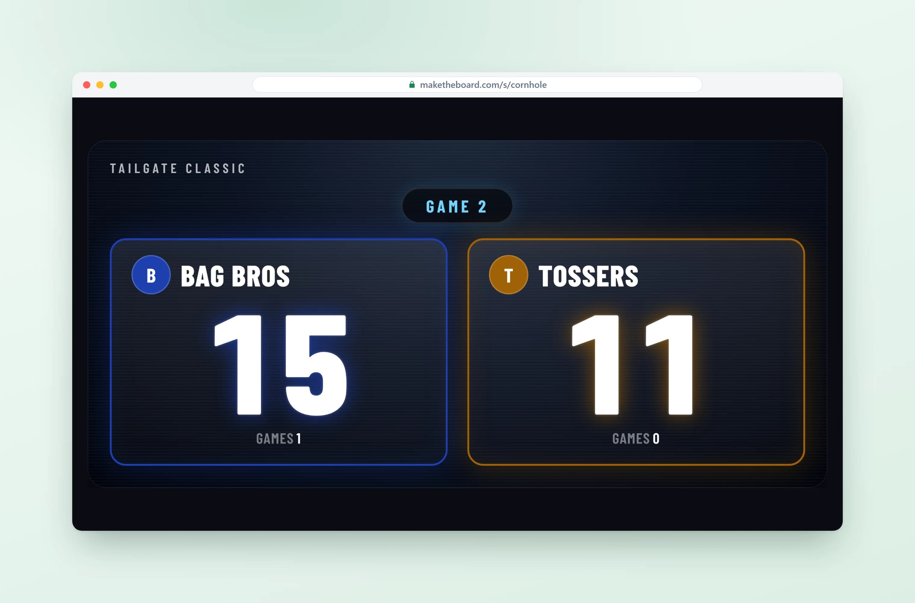 Cornhole scoreboard with each team's score and games won