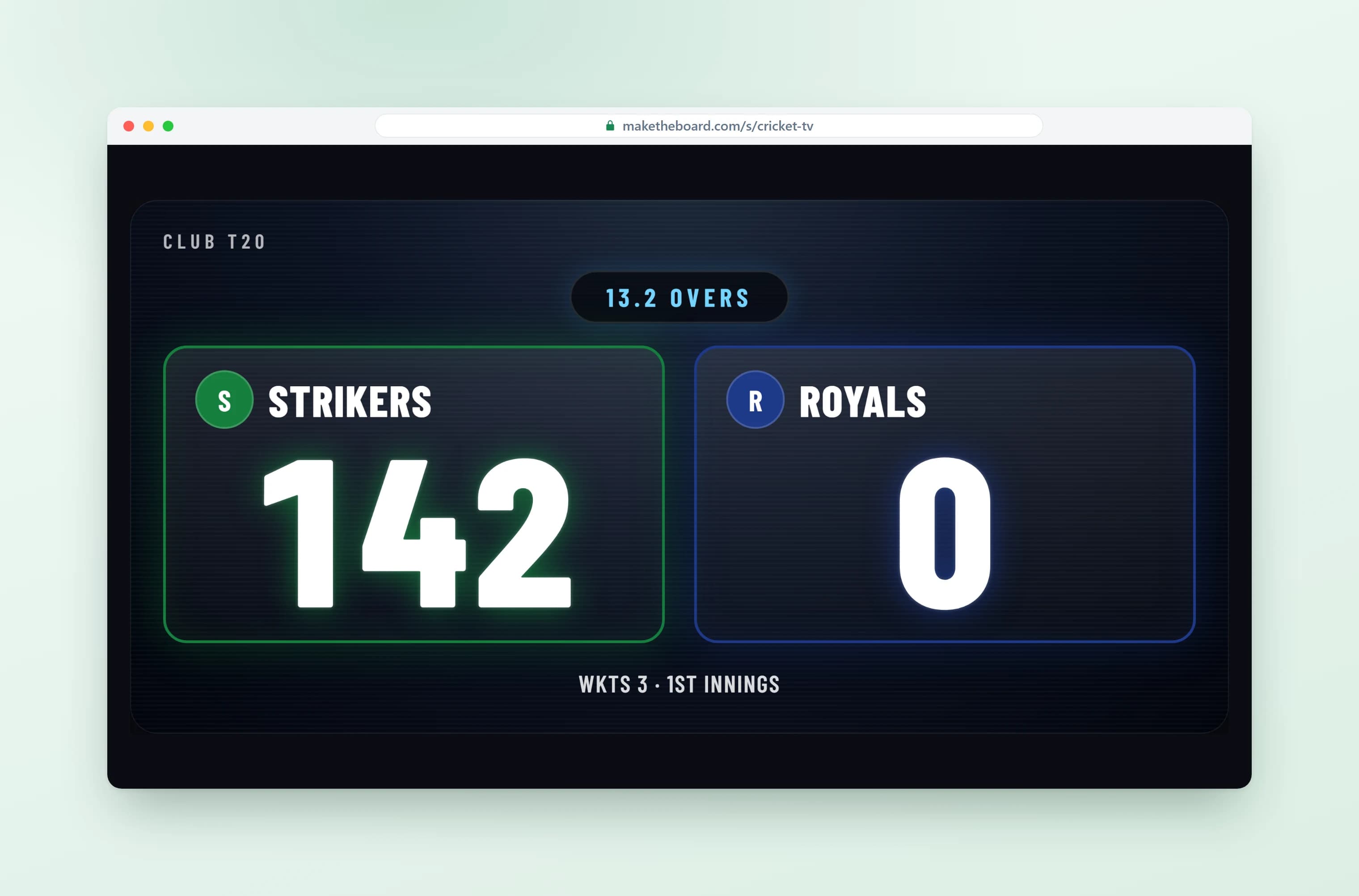 Cricket scoreboard full screen on a TV, in a second display design