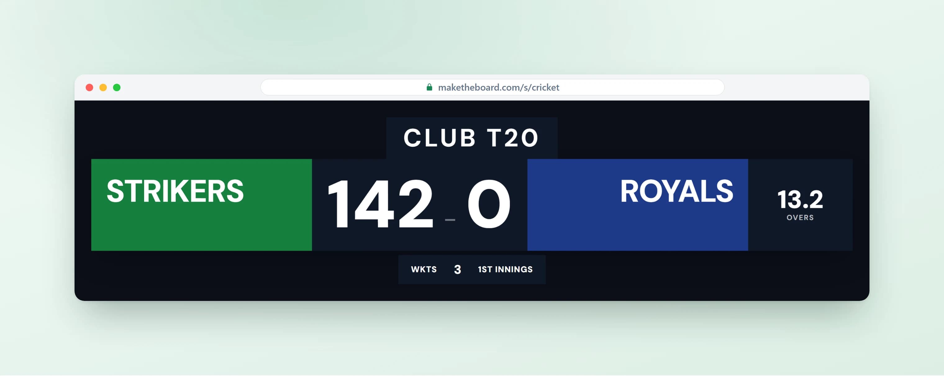 Cricket scoreboard with runs, wickets, and the over count