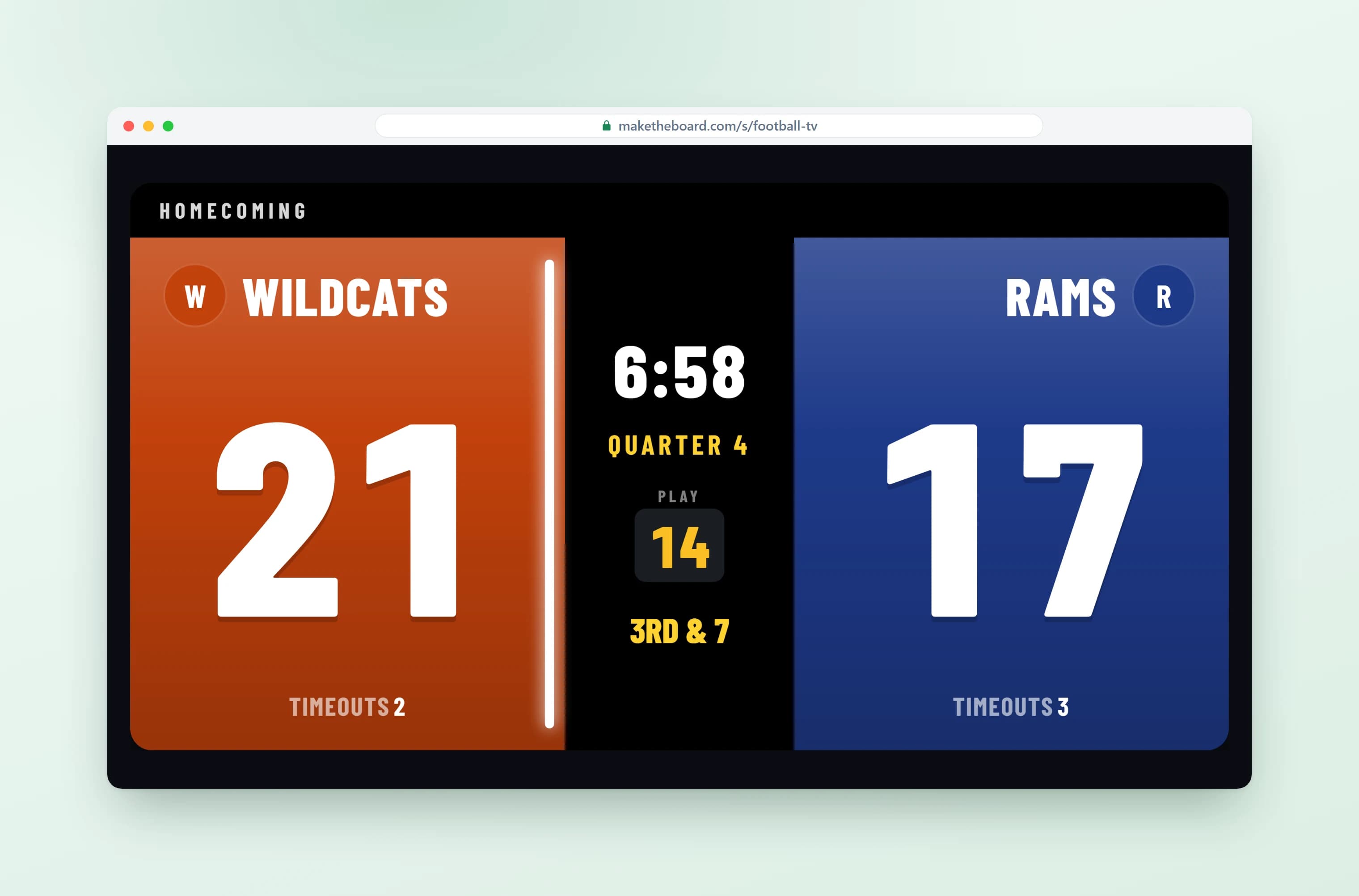 Football scoreboard full screen on a TV, in a second display design