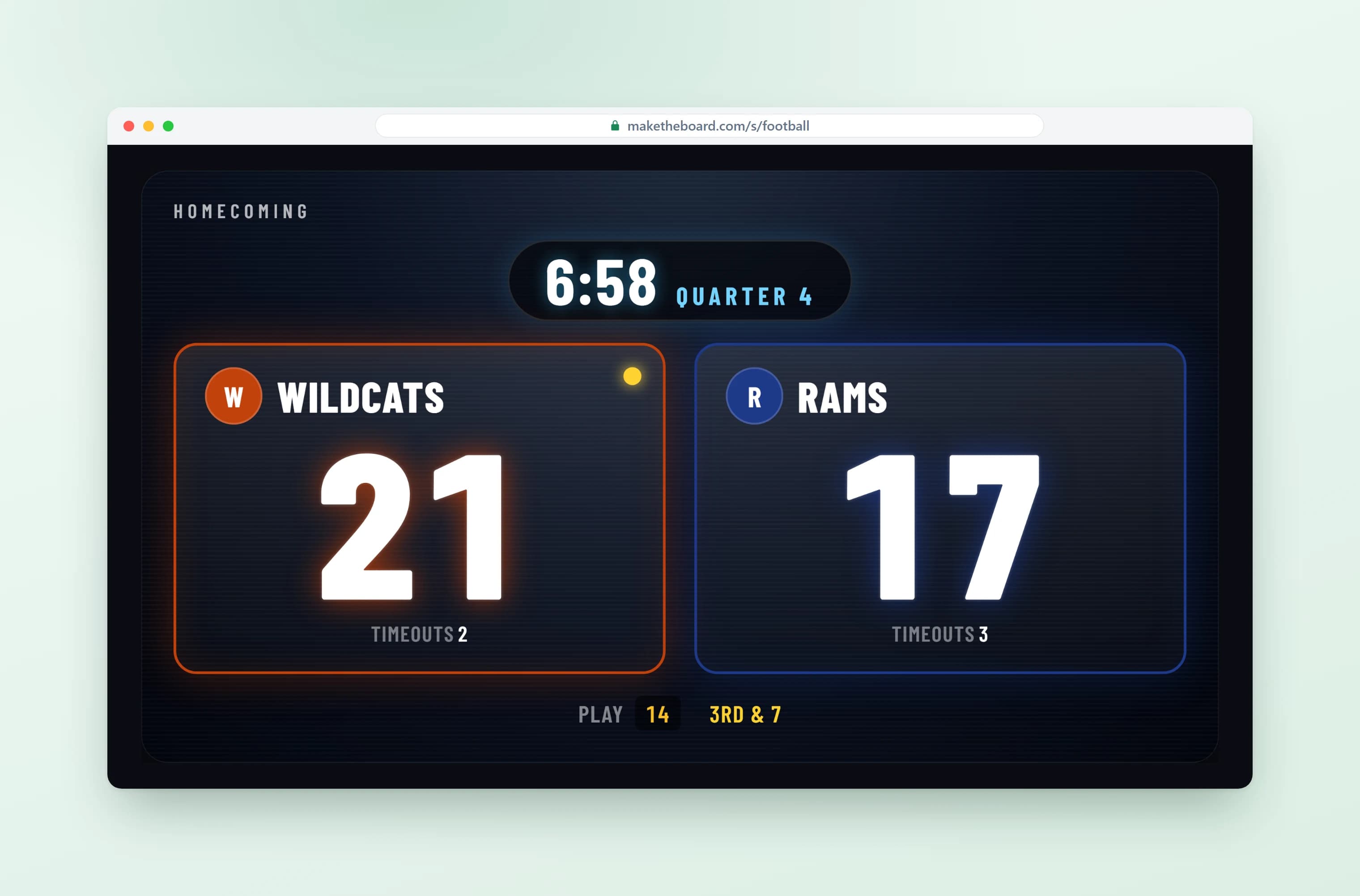 Football scoreboard with team scores, timeouts, quarter, game clock, and play clock