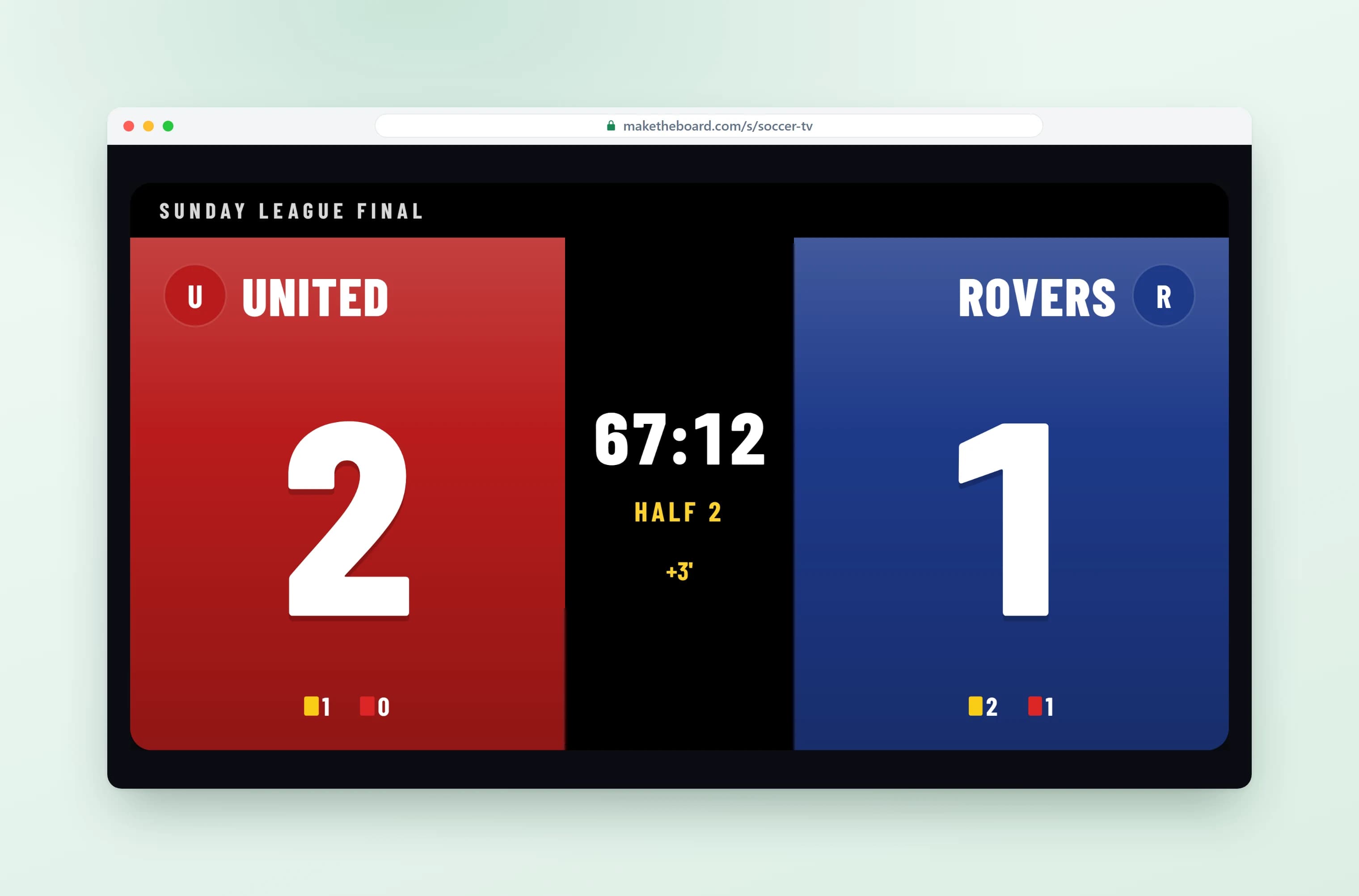 Soccer scoreboard full screen on a TV, in a second display design