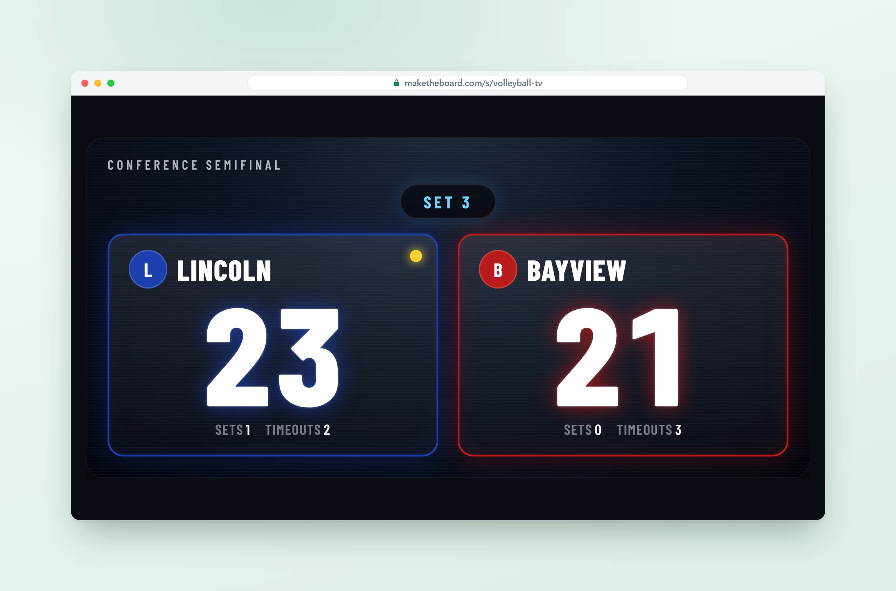 Volleyball scoreboard full screen on a TV, in a second display design