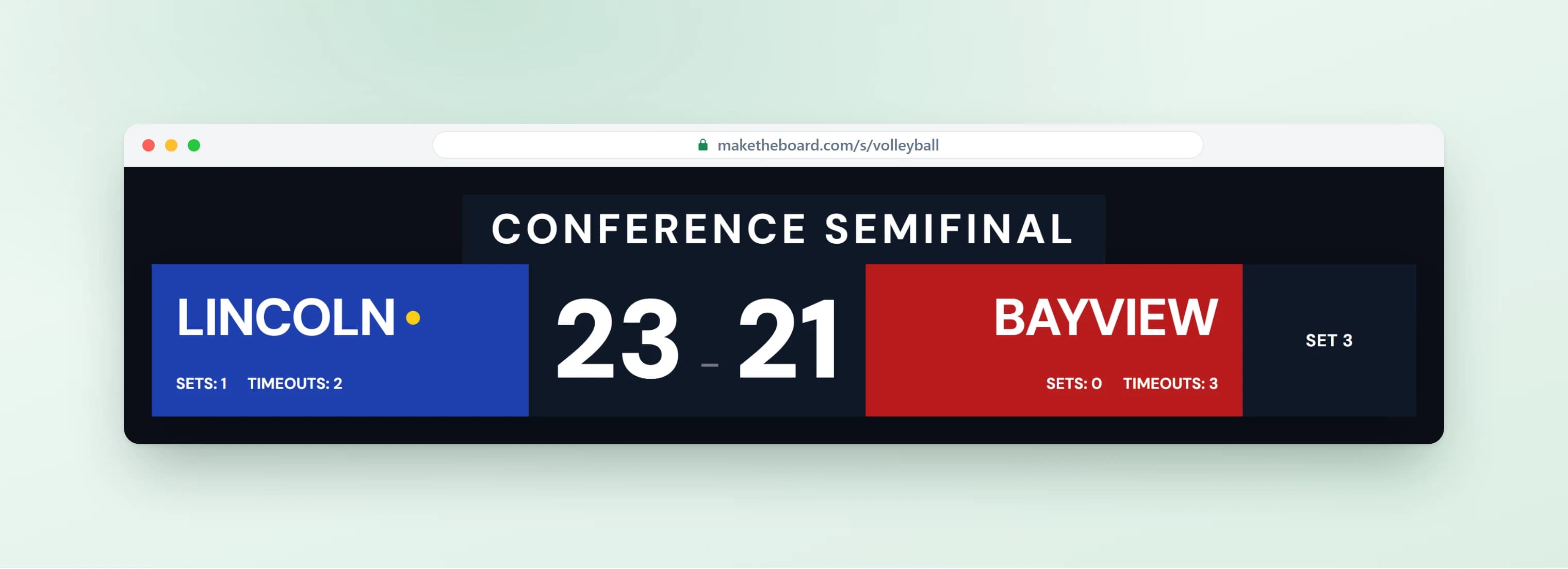 Volleyball scoreboard with set score, sets won, and serve indicator