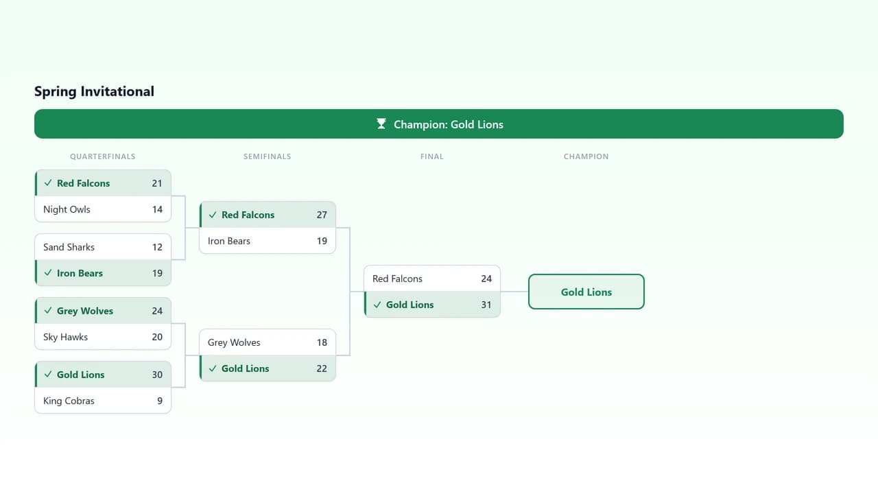 Online single-elimination tournament bracket with scores and a crowned champion