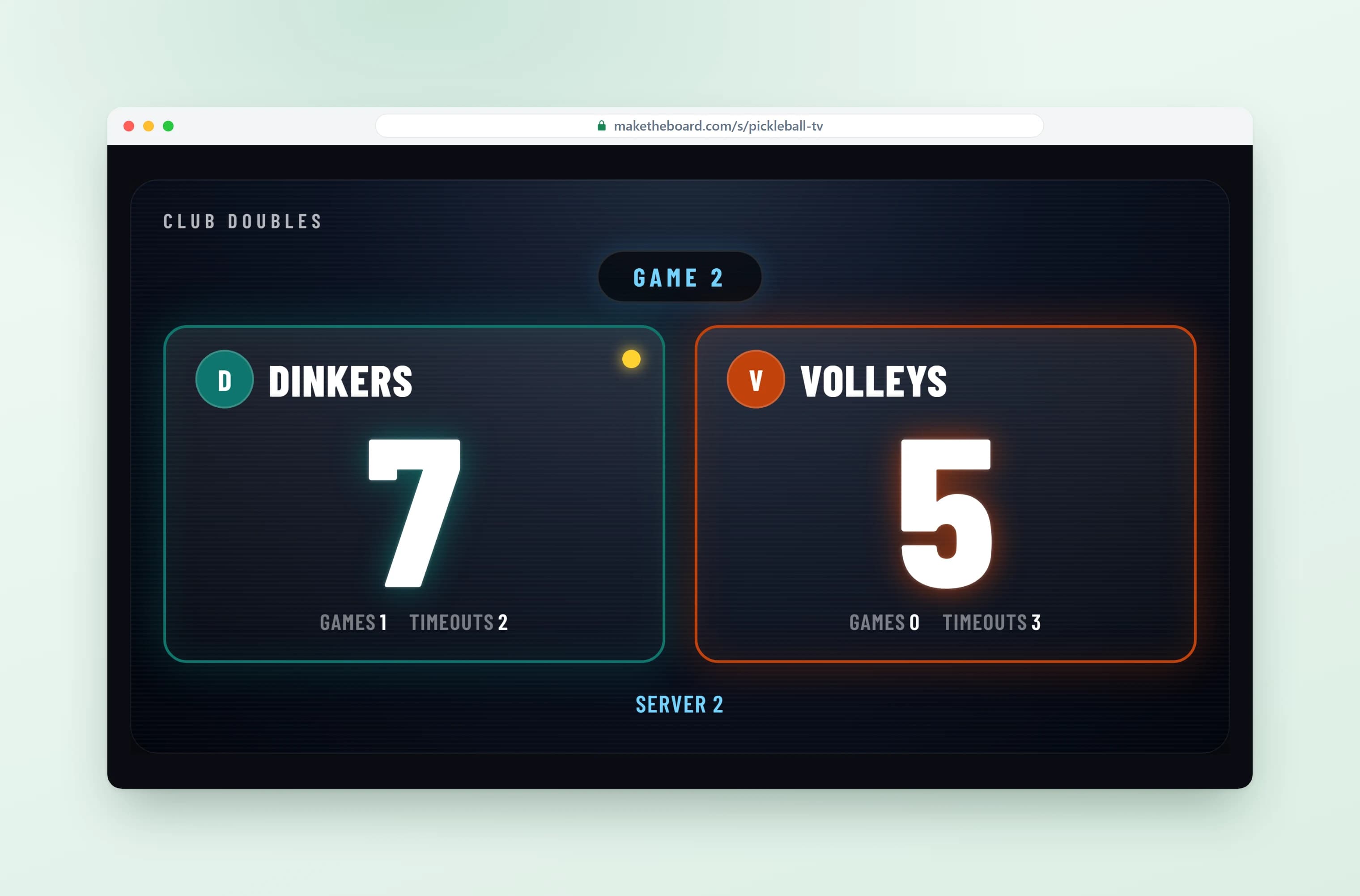 Pickleball scoreboard full screen on a TV, in a second display design