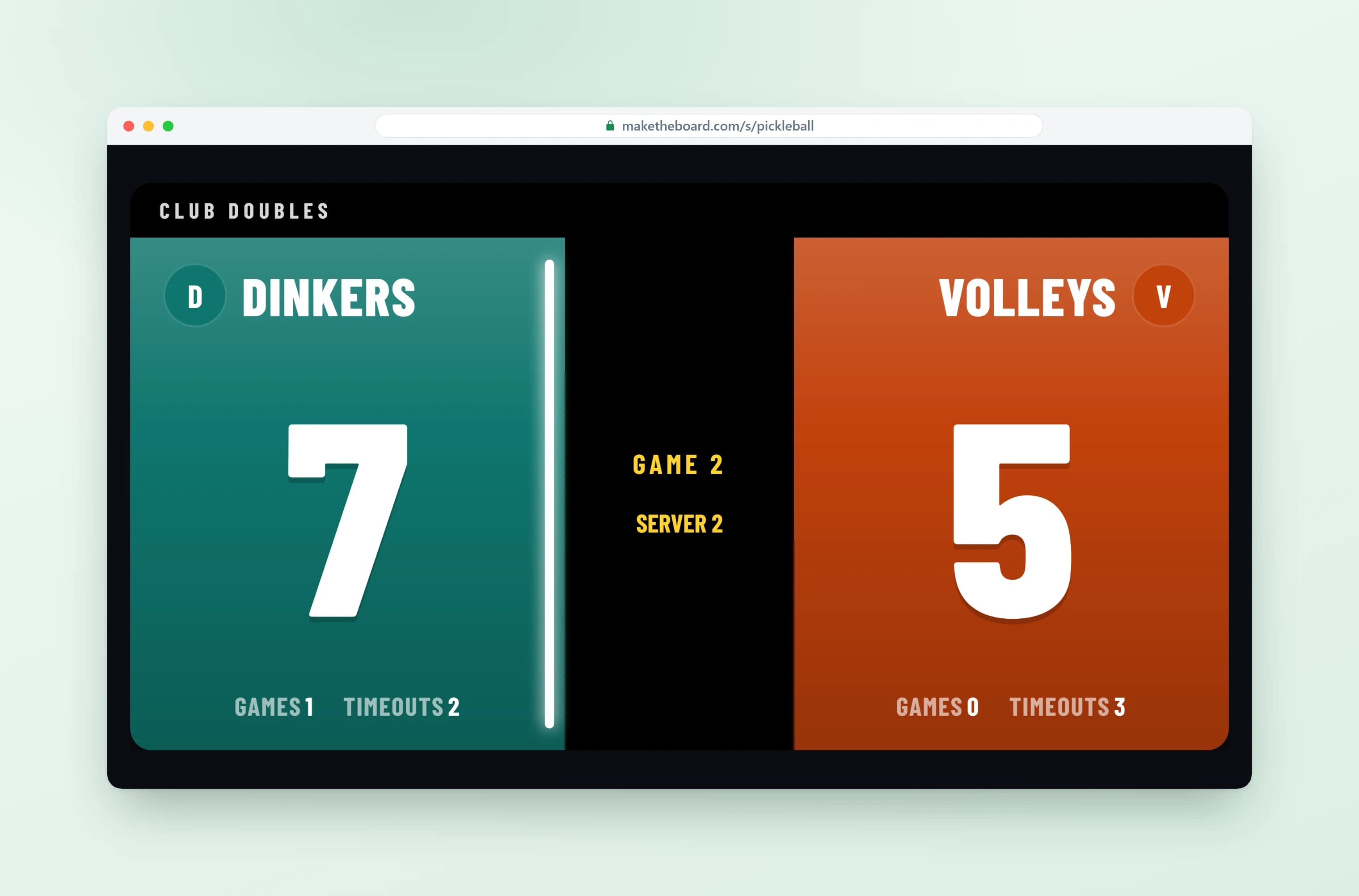 Pickleball scoreboard with score, serve marker and server number
