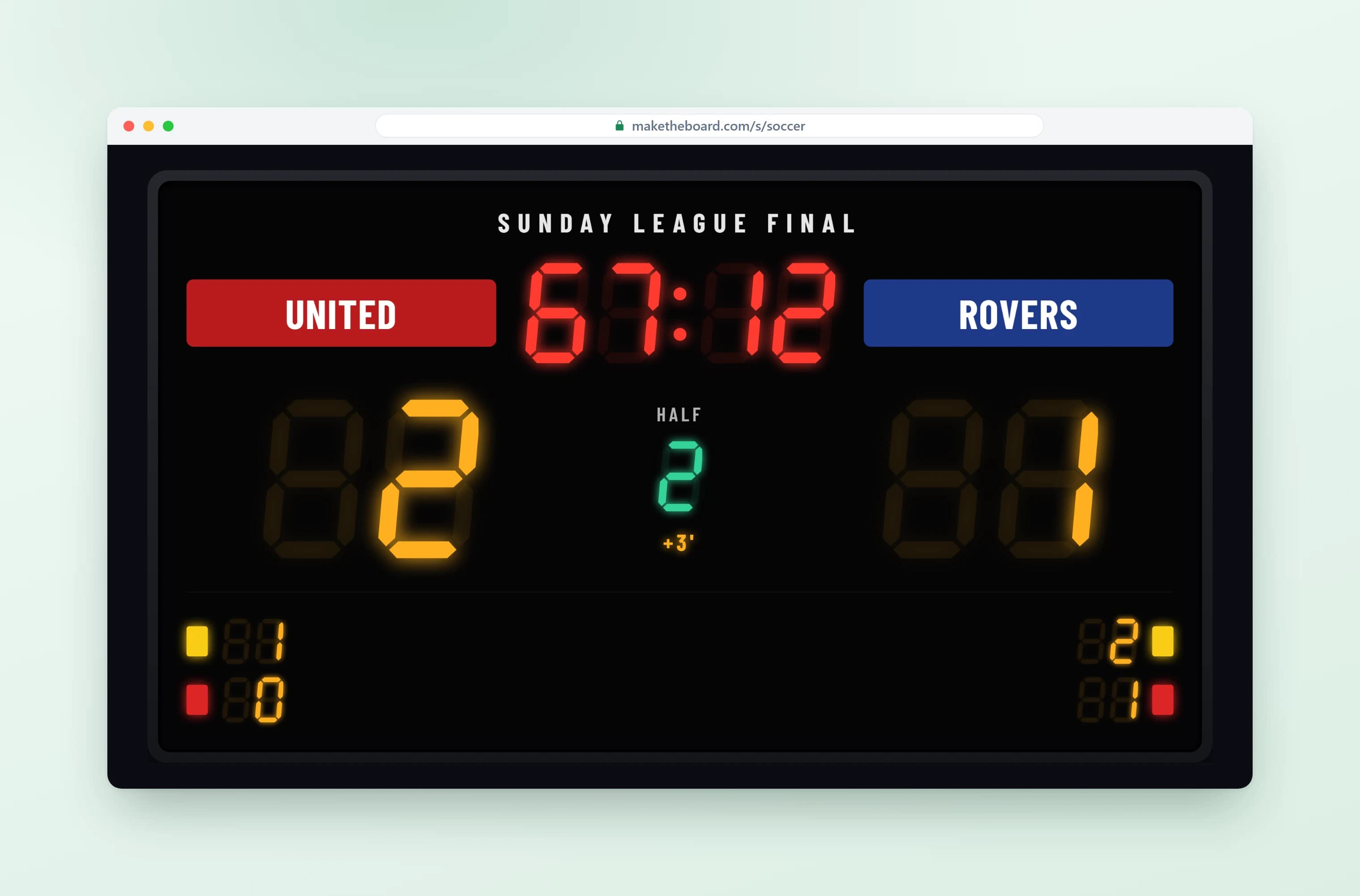Soccer scoreboard with a running match clock