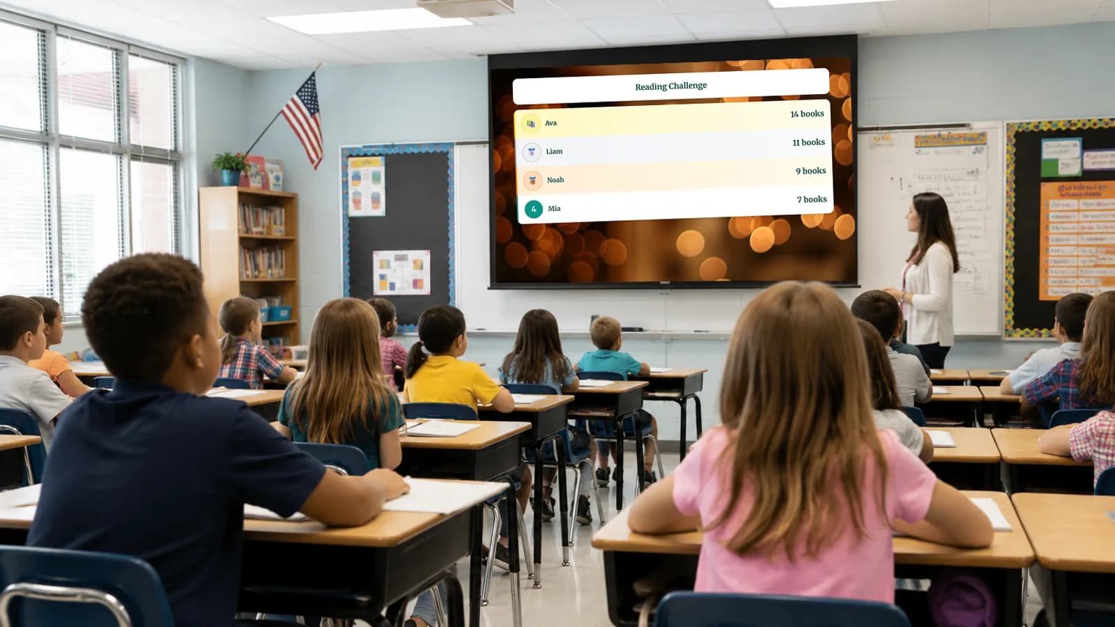 Classroom leaderboard displayed on a projector showing live student rankings