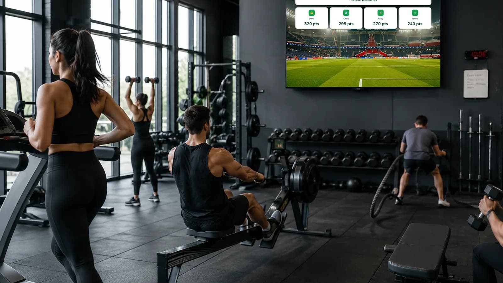 Competition leaderboard on a big screen in a gym as athletes train