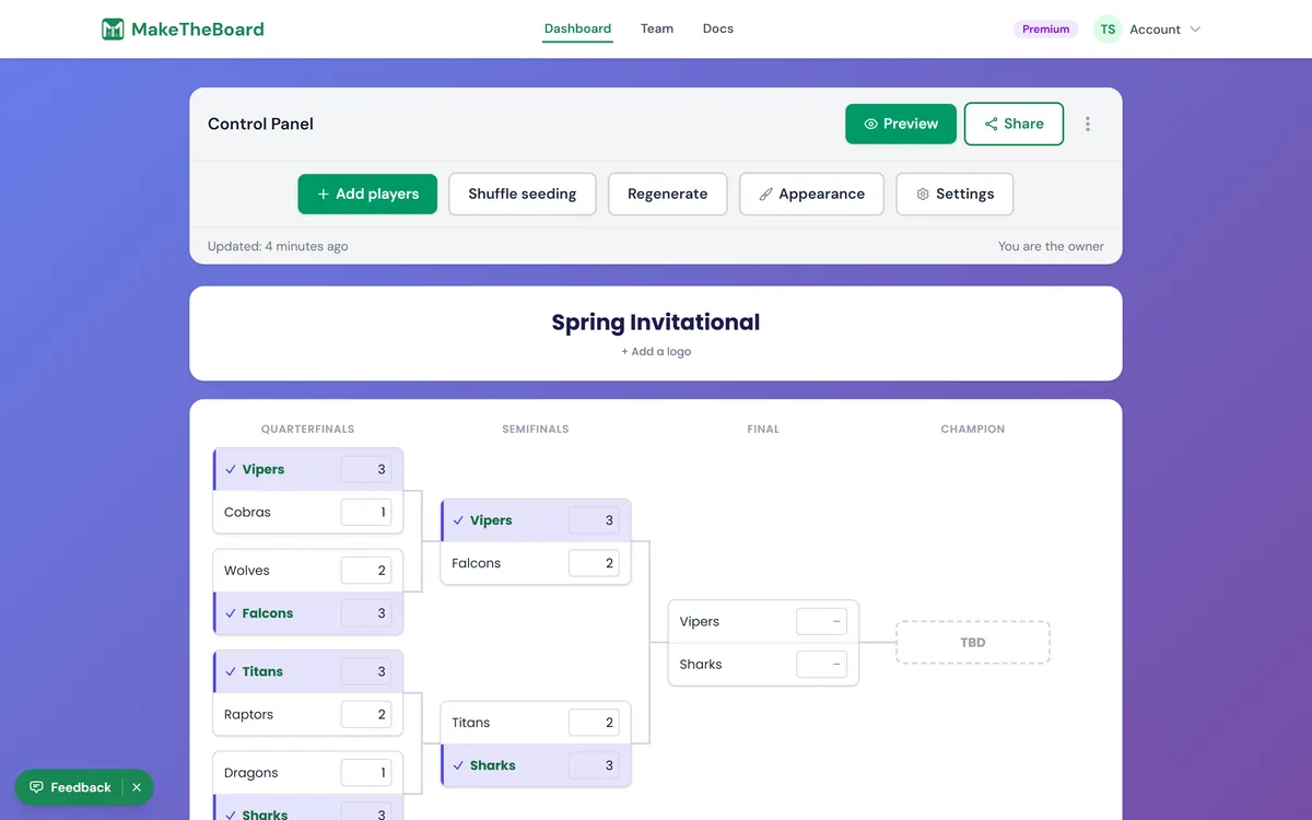 The bracket editor: add names, then generate the draw.