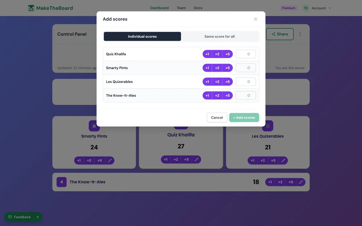 Click any score to edit it inline.