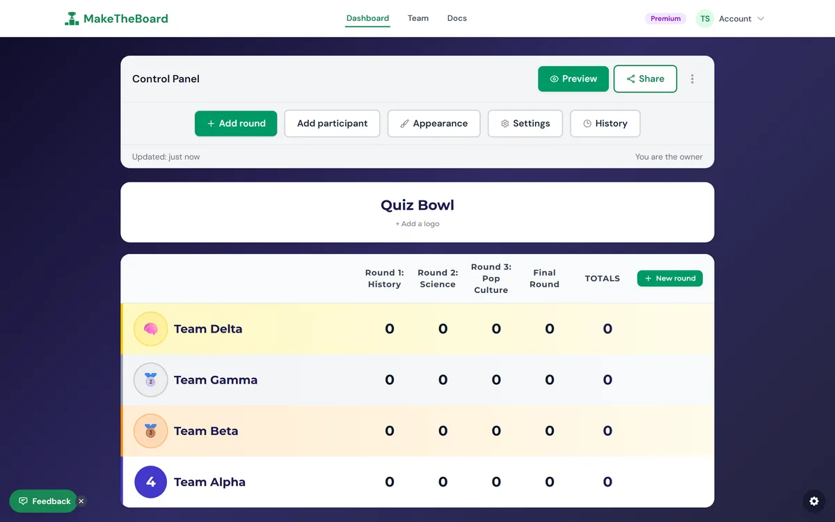 The scoresheet editor with round columns and an auto-total.