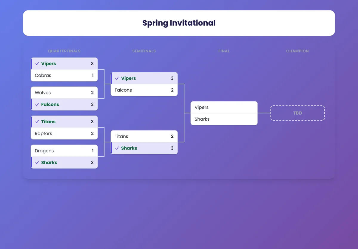 The public bracket, updating live to the final.