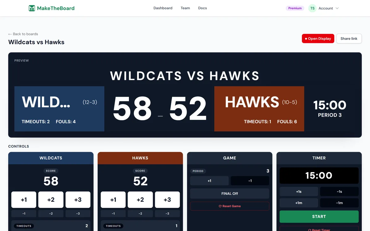 The operator controls at /scoreboards/<slug>.