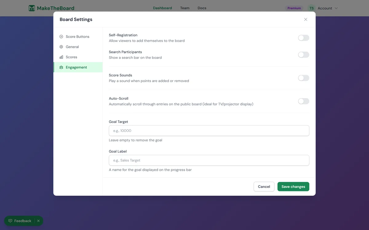 The Engagement tab with self-registration and self-scoring toggles.