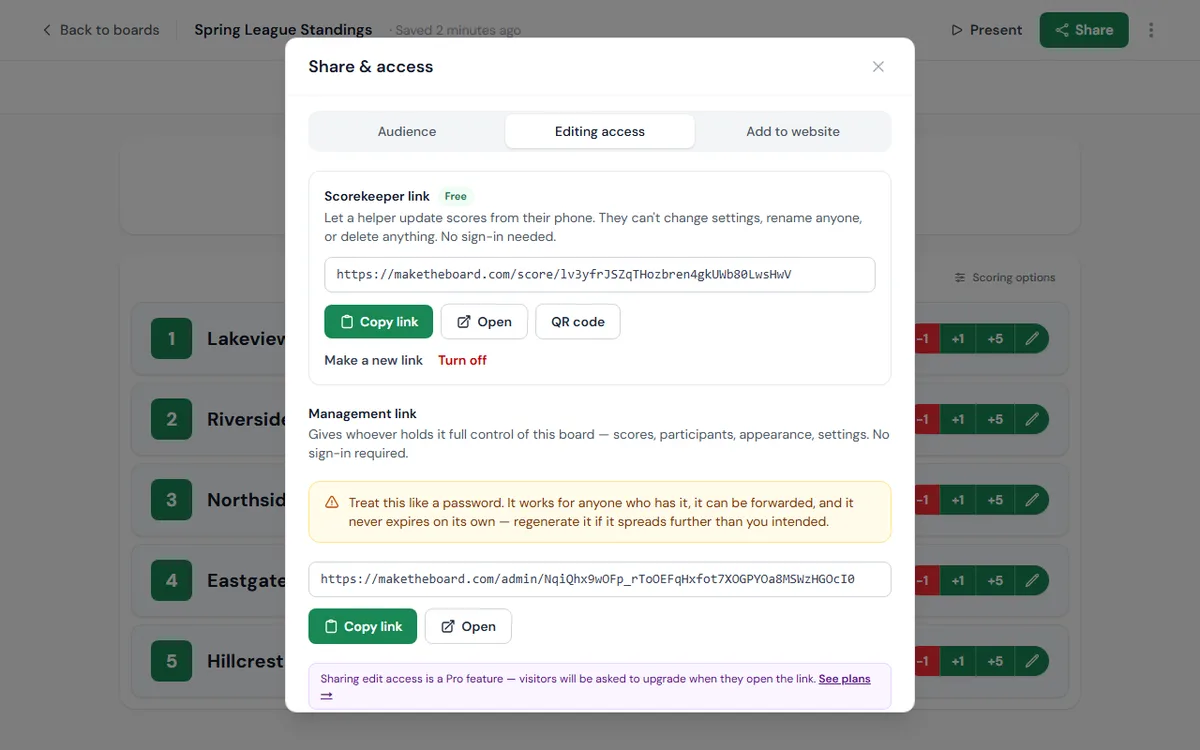 Share → Editing access, with a scorekeeper link created.