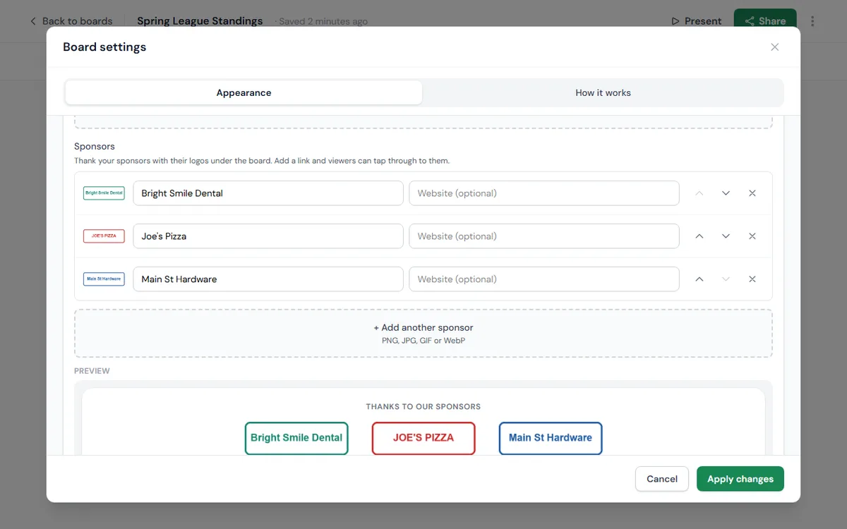 Board settings → Appearance → Board details → Sponsors.
